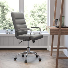 Mid-Back Gray LeatherSoft Executive Swivel Office Chair with Chrome Frame and Arms [FLF-GO-2286M-GR-GG]