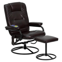 Massaging Multi-Position Recliner and Ottoman with Metal Bases in Brown LeatherSoft [FLF-BT-703-MASS-BN-GG]
