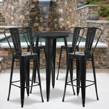 Commercial Grade 24" Round Black Metal Indoor-Outdoor Bar Table Set with 4 Cafe Stools [FLF-CH-51080BH-4-30CAFE-BK-GG]