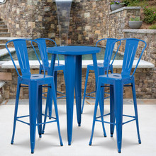 Commercial Grade 24" Round Blue Metal Indoor-Outdoor Bar Table Set with 4 Cafe Stools [FLF-CH-51080BH-4-30CAFE-BL-GG]
