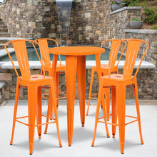 Commercial Grade 24" Round Orange Metal Indoor-Outdoor Bar Table Set with 4 Cafe Stools [FLF-CH-51080BH-4-30CAFE-OR-GG]