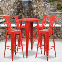 Commercial Grade 24" Round Red Metal Indoor-Outdoor Bar Table Set with 4 Cafe Stools [FLF-CH-51080BH-4-30CAFE-RED-GG]