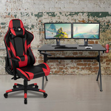 Black Gaming Desk and Red/Black Reclining Gaming Chair Set with Cup Holder, Headphone Hook & 2 Wire Management Holes [FLF-BLN-X20D1904-RD-GG]