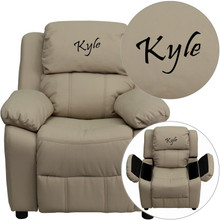 Personalized Deluxe Padded Beige Vinyl Kids Recliner with Storage Arms [FLF-BT-7985-KID-BGE-TXTEMB-GG]