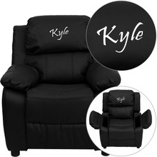 Personalized Deluxe Padded Black LeatherSoft Kids Recliner with Storage Arms [FLF-BT-7985-KID-BK-LEA-TXTEMB-GG]