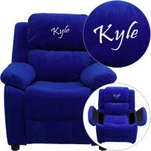 Personalized Deluxe Padded Blue Microfiber Kids Recliner with Storage Arms [FLF-BT-7985-KID-MIC-BLUE-TXTEMB-GG]