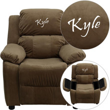 Personalized Deluxe Padded Brown Microfiber Kids Recliner with Storage Arms [FLF-BT-7985-KID-MIC-BRN-TXTEMB-GG]