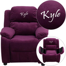 Personalized Deluxe Padded Purple Microfiber Kids Recliner with Storage Arms [FLF-BT-7985-KID-MIC-PUR-TXTEMB-GG]