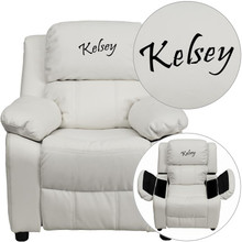 Personalized Deluxe Padded White Vinyl Kids Recliner with Storage Arms [FLF-BT-7985-KID-WHITE-TXTEMB-GG]