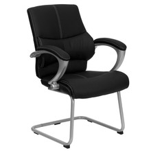 Black LeatherSoft Executive Side Reception Chair with Silver Sled Base [FLF-H-9637L-3-SIDE-GG]