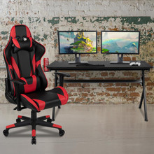 Gaming Desk and Red/Black Reclining Gaming Chair Set /Cup Holder/Headphone Hook/Removable Mouse Pad Top - Wire Management [FLF-BLN-X20D1904L-RD-GG]