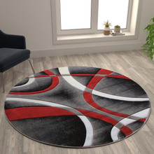 Atlan Collection 5' x 5' Red Round Abstract Area Rug - Olefin Rug with Jute Backing - Entryway, Living Room or Bedroom [FLF-KP-RG951-55-RD-GG]