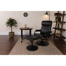 Contemporary Multi-Position Headrest Recliner and Ottoman with Wrapped Base in Black LeatherSoft [FLF-BT-7863-BK-GG]
