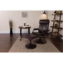 Contemporary Multi-Position Headrest Recliner and Ottoman with Wrapped Base in Brown LeatherSoft [FLF-BT-7863-BN-GG]