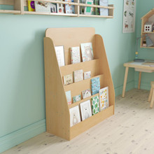4 Shelf Single-Sided Kids Natural Wooden Book & Magazine Display Stand - Safe, Kid Friendly Design for Commercial or Home Use [FLF-MK-STR800L-GG]