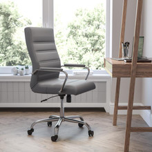 High Back Gray LeatherSoft Executive Swivel Office Chair with Chrome Frame and Arms [FLF-GO-2286H-GR-GG]