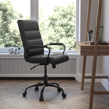 Mid-Back Black LeatherSoft Executive Swivel Office Chair with Black Frame and Arms [FLF-GO-2286M-BK-BK-GG]