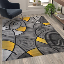 Jubilee Collection 5' x 7' Yellow Abstract Area Rug - Olefin Rug with Jute Backing - Living Room, Bedroom, & Family Room [FLF-ACD-RGTRZ860-57-YL-GG]