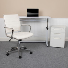 Work From Home Kit - White Adjustable Computer Desk, LeatherSoft Office Chair and Inset Handle Locking Mobile Filing Cabinet [FLF-BLN-NAN219AP595M-WH-GG]