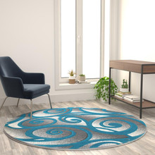 Willow Collection Modern High-Low Pile Swirled 6x6 Round Turquoise Area Rug - Olefin Accent Rug - Entryway, Bedroom, Living Room [FLF-ACD-RG241-66-TQ-GG]