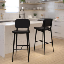 Kenzie Commercial Grade Mid-Back Barstools - Black LeatherSoft Upholstery - Black Iron Frame with Integrated Footrest - Set of 2 [FLF-AY-S01-BK-GG]