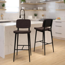 Kenzie Commercial Grade Mid-Back Barstools - Brown LeatherSoft Upholstery - Black Iron Frame with Integrated Footrest - Set of 2 [FLF-AY-S01-BR-GG]