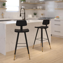 Kora Commercial Grade Low Back Barstools-Black LeatherSoft Upholstery-Black Iron Frame-Integrated Footrest-Gold Tipped Legs-Set of 2 [FLF-AY-S02-BK-GG]