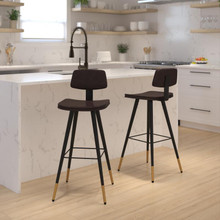Kora Commercial Grade Low Back Barstools-Brown LeatherSoft Upholstery-Black Iron Frame-Integrated Footrest-Gold Tipped Legs-Set of 2 [FLF-AY-S02-BR-GG]