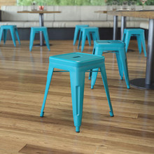 Kai 18" Table Height Stool, Stackable Backless Metal Indoor Dining Stool, Commercial Grade Restaurant Stool in Teal - Set of 4 [FLF-ET-BT3503-18-TL-GG]