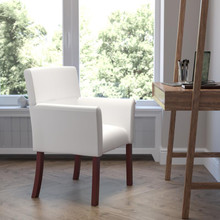 White LeatherSoft Executive Side Reception Chair with Mahogany Legs [FLF-BT-353-WH-GG]
