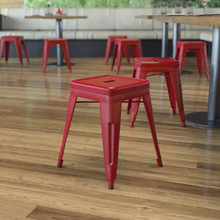 Kai 18" Table Height Stool, Stackable Backless Metal Indoor Dining Stool, Commercial Grade Restaurant Stool in Red - Set of 4 [FLF-ET-BT3503-18-RED-GG]