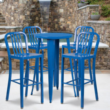 Commercial Grade 24" Round Blue Metal Indoor-Outdoor Bar Table Set with 4 Vertical Slat Back Stools [FLF-CH-51080BH-4-30VRT-BL-GG]