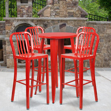 Commercial Grade 24" Round Red Metal Indoor-Outdoor Bar Table Set with 4 Vertical Slat Back Stools [FLF-CH-51080BH-4-30VRT-RED-GG]