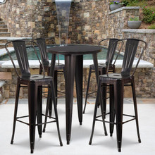 Commercial Grade 24" Round Black-Antique Gold Metal Indoor-Outdoor Bar Table Set with 4 Cafe Stools [FLF-CH-51080BH-4-30CAFE-BQ-GG]