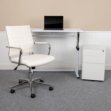 Work From Home Kit - White Adjustable Computer Desk, LeatherSoft Office Chair and Side Handle Locking Mobile Filing Cabinet [FLF-BLN-NAN219CHP595M-WH-GG]