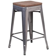 24" High Backless Clear Coated Metal Counter Height Stool with Square Wood Seat [FLF-XU-DG-TP0004-24-WD-GG]