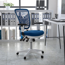 Mid-Back Blue Mesh Multifunction Executive Swivel Ergonomic Office Chair with Adjustable Arms and White Frame [FLF-HL-0001-WH-BLUE-GG]