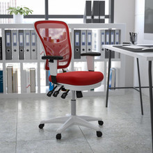 Mid-Back Red Mesh Multifunction Executive Swivel Ergonomic Office Chair with Adjustable Arms and White Frame [FLF-HL-0001-WH-RED-GG]