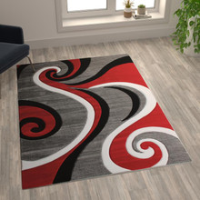 Athos Collection 5' x 7' Red Abstract Area Rug - Olefin Rug with Jute Backing - Hallway, Entryway, or Bedroom [FLF-KP-RG952-57-RD-GG]
