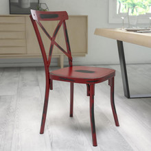 Metal Cross Back Dining Chair - Distressed Red Finish - Multi-Use Chair [FLF-XU-DG-60699-RED-D-GG]
