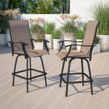 Valerie Patio Bar Height Stools Set of 2, All-Weather Textilene Swivel Patio Stools with High Back & Armrests in Brown [FLF-2-ET-SWVLPTO-30-GG]