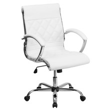 Mid-Back Designer White LeatherSoft Executive Swivel Office Chair with Chrome Base and Arms [FLF-GO-1297M-MID-WHITE-GG]