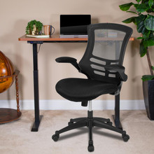 48"W x 24"D Mahogany Electric Height Adjustable Standing Desk with Black Mesh Swivel Ergonomic Task Office Chair [FLF-BN-BLX5STD-R-GG]