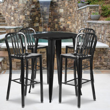 Commercial Grade 30" Round Black Metal Indoor-Outdoor Bar Table Set with 4 Vertical Slat Back Stools [FLF-CH-51090BH-4-30VRT-BK-GG]