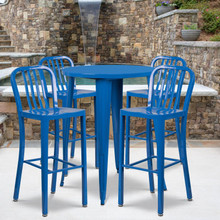 Commercial Grade 30" Round Blue Metal Indoor-Outdoor Bar Table Set with 4 Vertical Slat Back Stools [FLF-CH-51090BH-4-30VRT-BL-GG]