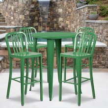 Commercial Grade 30" Round Green Metal Indoor-Outdoor Bar Table Set with 4 Vertical Slat Back Stools [FLF-CH-51090BH-4-30VRT-GN-GG]