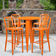 Commercial Grade 30" Round Orange Metal Indoor-Outdoor Bar Table Set with 4 Vertical Slat Back Stools [FLF-CH-51090BH-4-30VRT-OR-GG]