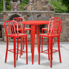 Commercial Grade 30" Round Red Metal Indoor-Outdoor Bar Table Set with 4 Vertical Slat Back Stools [FLF-CH-51090BH-4-30VRT-RED-GG]