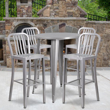 Commercial Grade 30" Round Silver Metal Indoor-Outdoor Bar Table Set with 4 Vertical Slat Back Stools [FLF-CH-51090BH-4-30VRT-SIL-GG]
