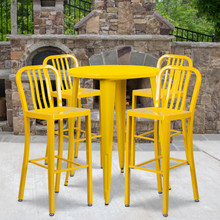 Commercial Grade 30" Round Yellow Metal Indoor-Outdoor Bar Table Set with 4 Vertical Slat Back Stools [FLF-CH-51090BH-4-30VRT-YL-GG]